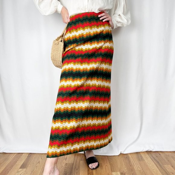 Vintage 70s Maxi Skirt Pillar Column Straight Woven Knit Long High Rise Waisted - Picture 9 of 9